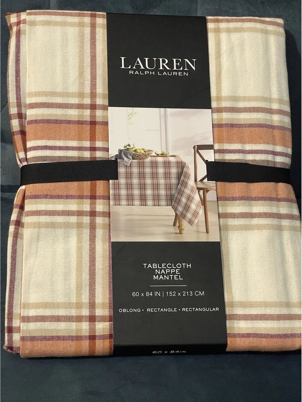 RALPH LAUREN Tablecloth 60x84 Orange Tartan Plaid Autumn Fall Cotton Oblong NIP